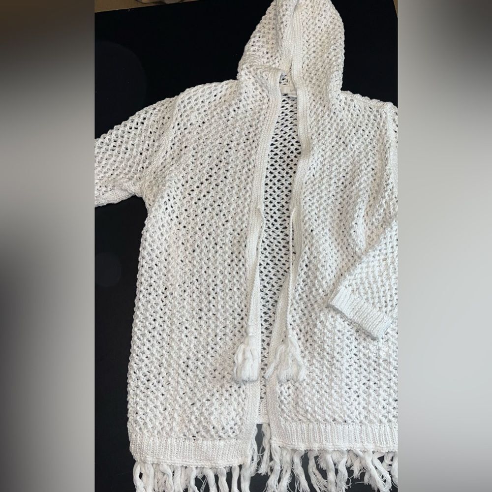 J.Jill White Crochet Hooded Cardigan With Fringe Hem Size Small GUC - Picture 1 of 8